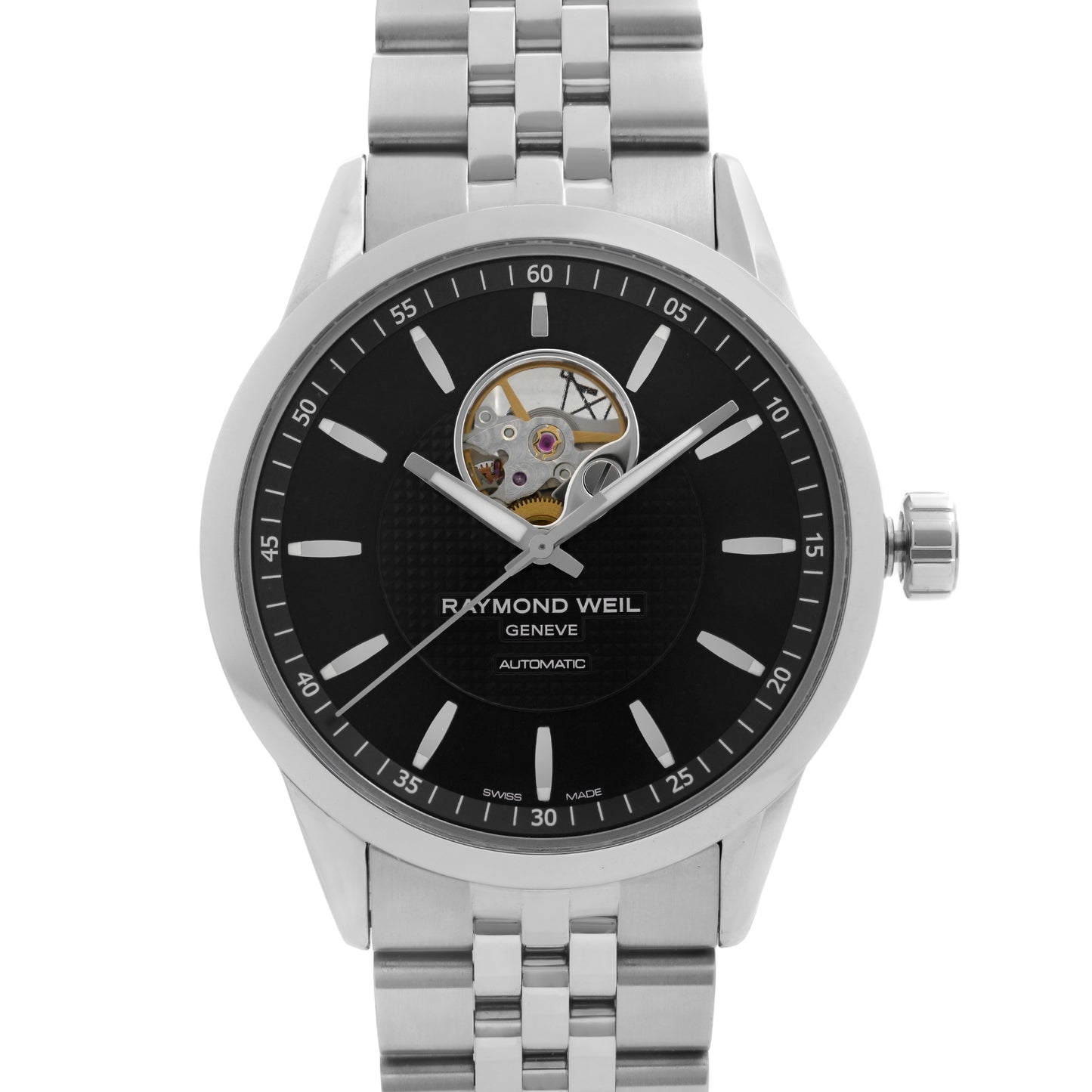 Up Close Front Facing Picture Of RAYMOND WEIL 2710-ST-20021 Stainless Steel Watch New Condition