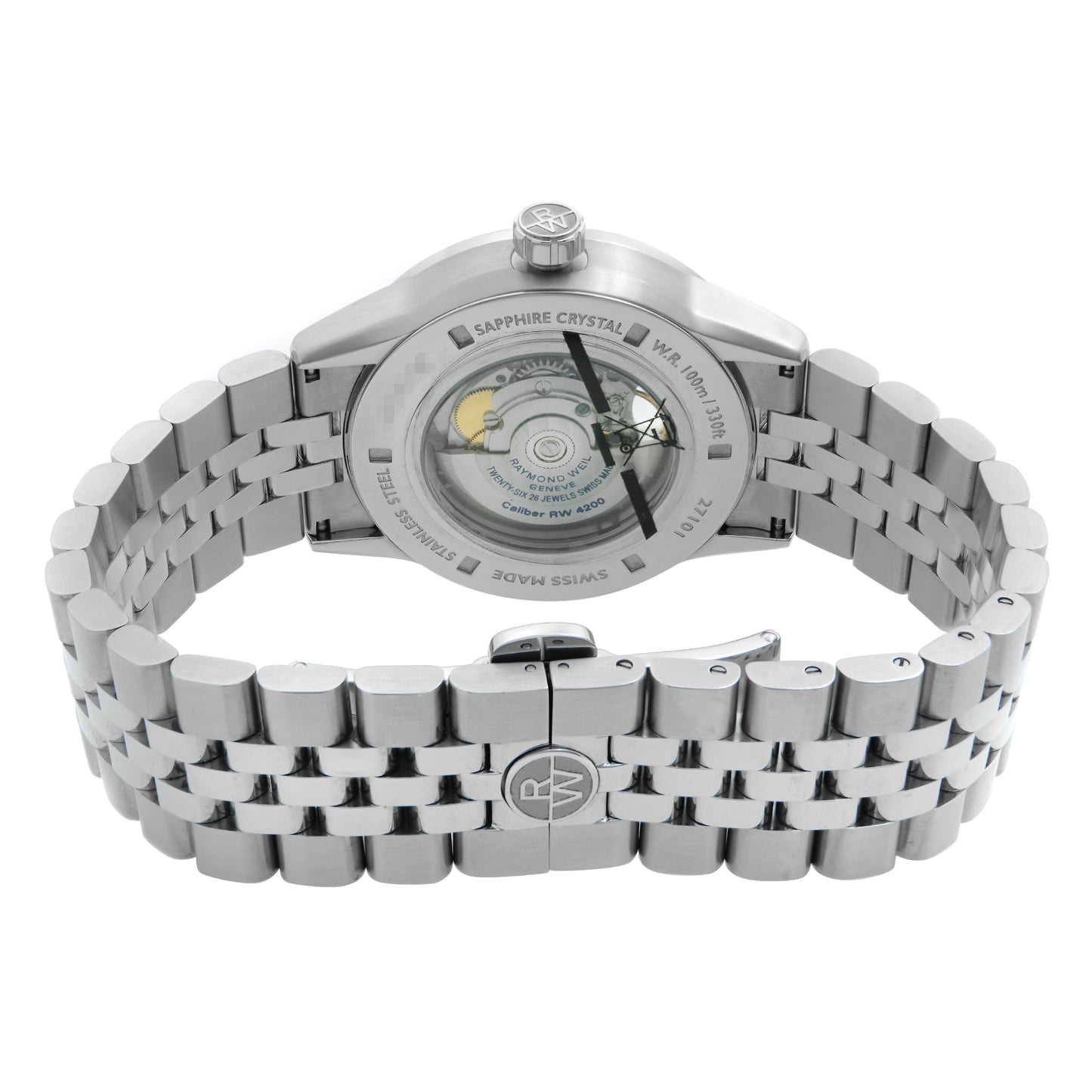 Back View Of Exhibition Back Case And Closed Stainless Steel Band Of RAYMOND WEIL 2710-ST-20021 Watch New Condition