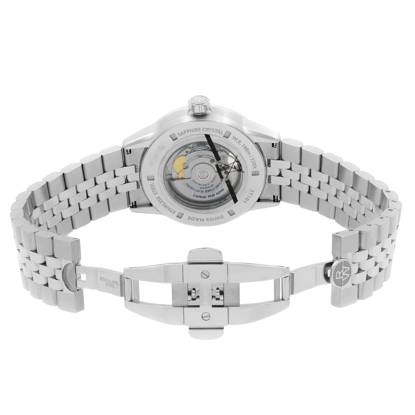 Back View Of Exhibition Back Case And Open Stainless Steel Band Of RAYMOND WEIL 2710-ST-20021 Watch New Condition