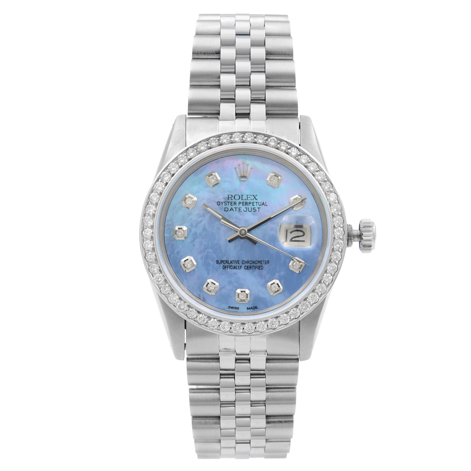 Rolex Datejust Steel 1.20 Cttw Custom Diamond Blue Dial Automatic Watch 16014