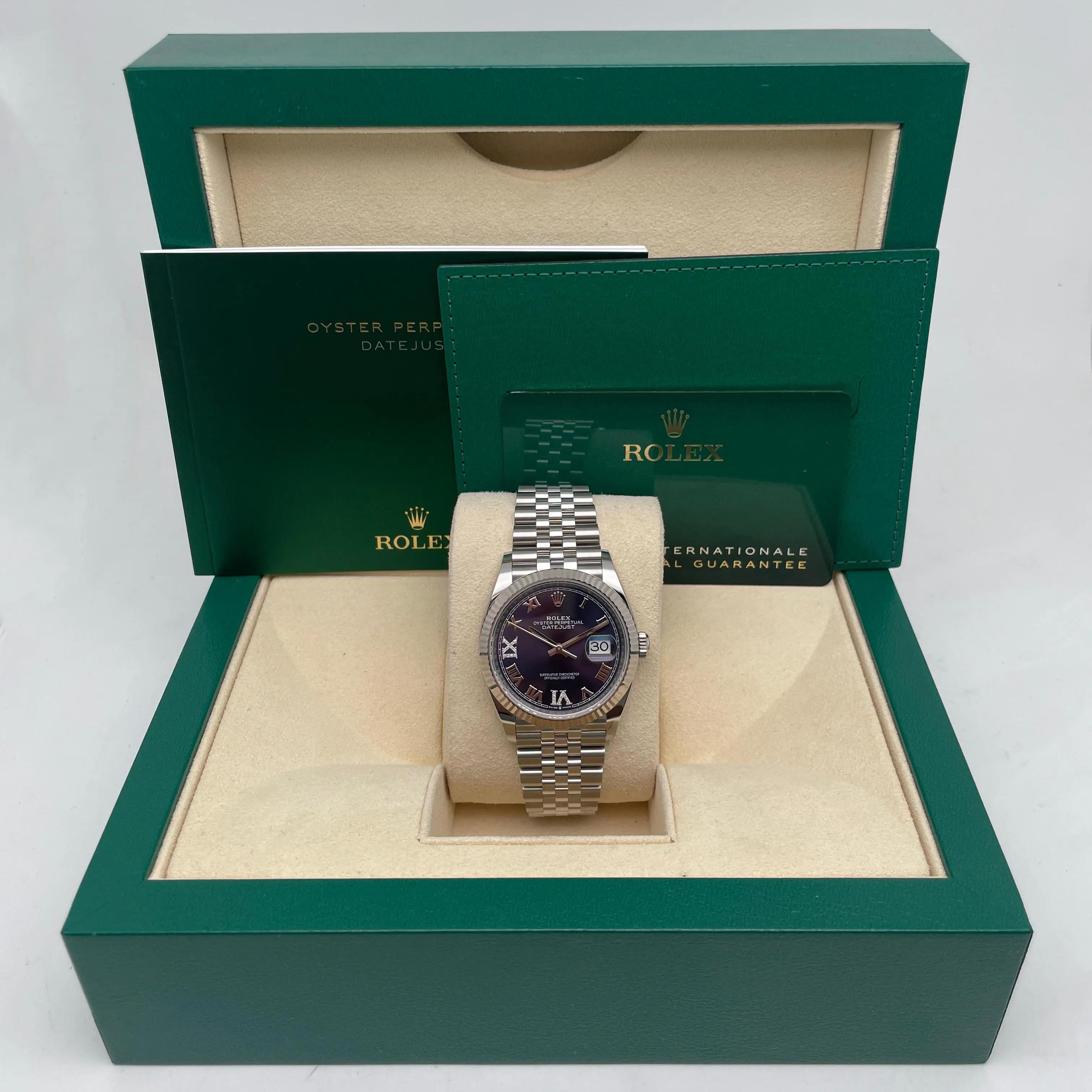 Rolex Datejust 36mm 18K Gold Steel Purple Roman Dial VI IX Diamond Watch 126234