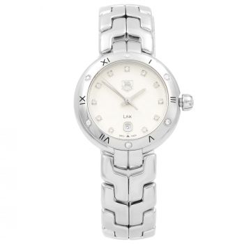 An image of a Wristwatch by TAG Heuer. This Pre Owned item is designed for Women, featuring a Dress/Formal style. It has a Quartz movement and an Analog display with a Silver dial color. The indices include Diamonds. The band is made of Stainless Steel an