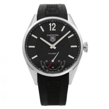 An image of a Wristwatch by TAG Heuer. This Pre Owned item is designed for Men, featuring a Sport style. It has a Mechanical (Manual) movement and an Analog display with a Black dial color. The indices include Non-Numeric Hour Marks,Seconds Hand. The band