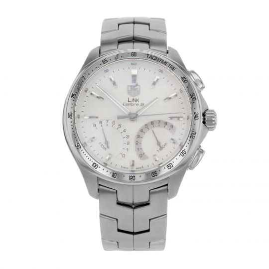 An image of a Wristwatch by TAG Heuer. This Pre Owned item is designed for Men, featuring a Sport style. It has a Quartz movement and an Analog display with a Silver dial color. The indices include Sticks. The band is made of Stainless Steel and the case 