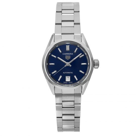 An image of a Wristwatch by TAG Heuer. This Pre Owned item is designed for Women, featuring a Casual style. It has a Mechanical (Automatic) movement and an Analog display with a Blue dial color. The indices include 12-Hour Dial,Stick Indexes. The band is 